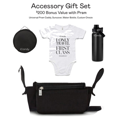 Accessory Gift Set - Universal Pram Caddy, Suncover, Bottle, Custom Onesie